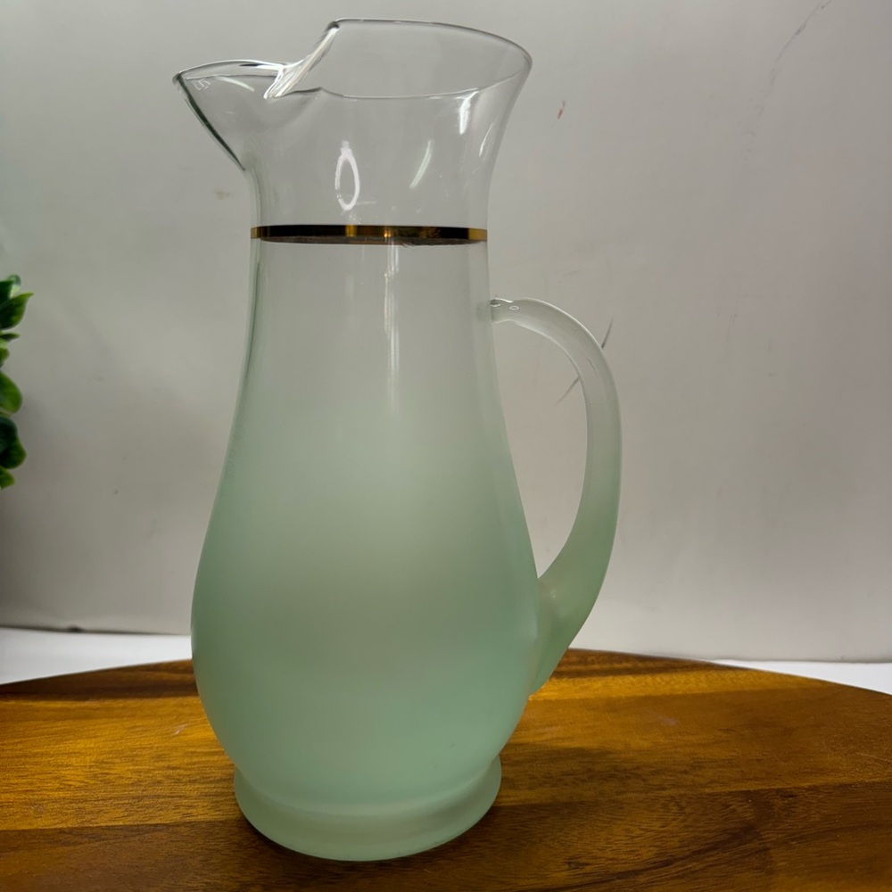 Vintage Blendo Frosted Mint Seafoam Green Tall Glass Drink Pitcher w/ Gold Band